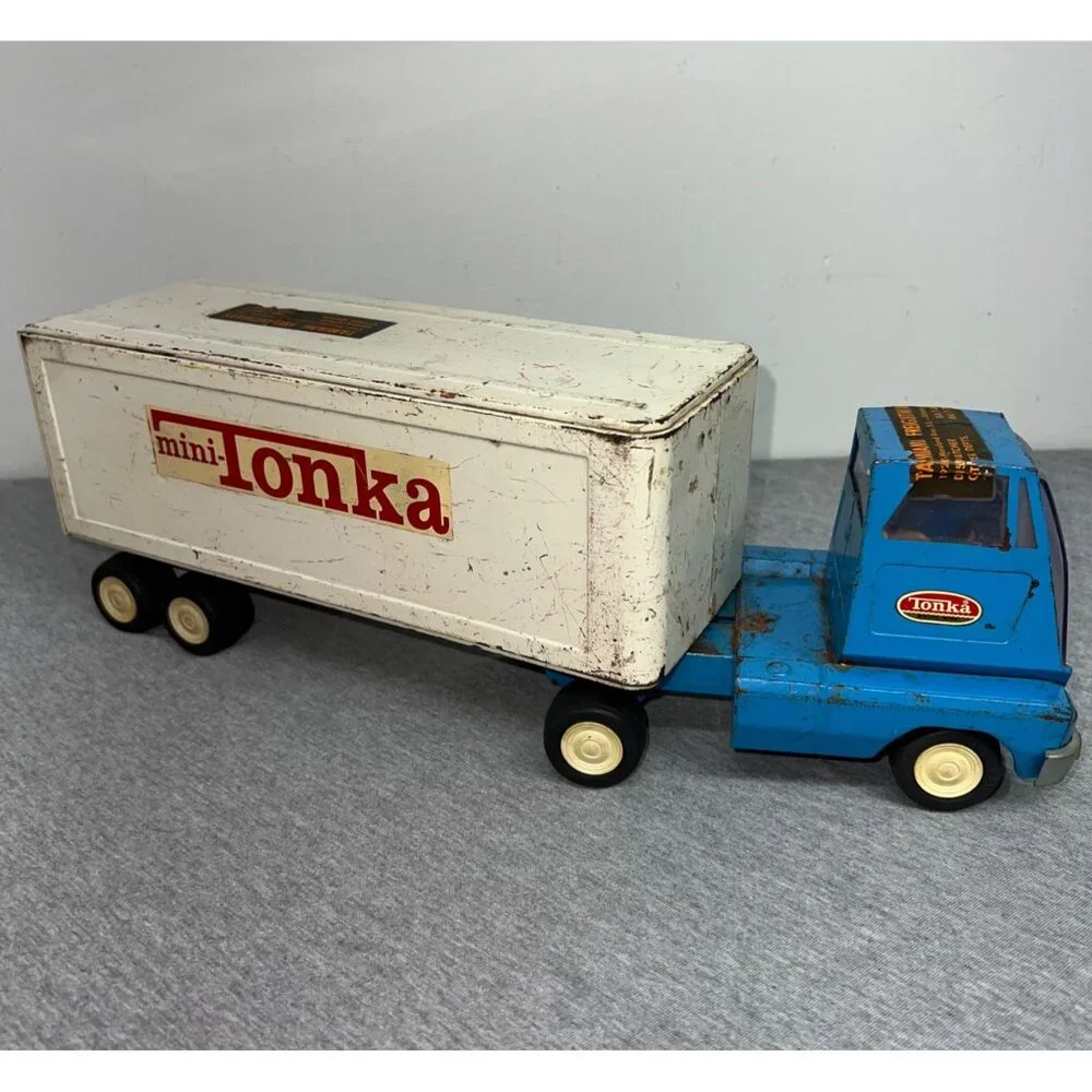 Vintage Mini Tonka Blue Semi Truck & White‎ Trailer Metal Toy Collectible